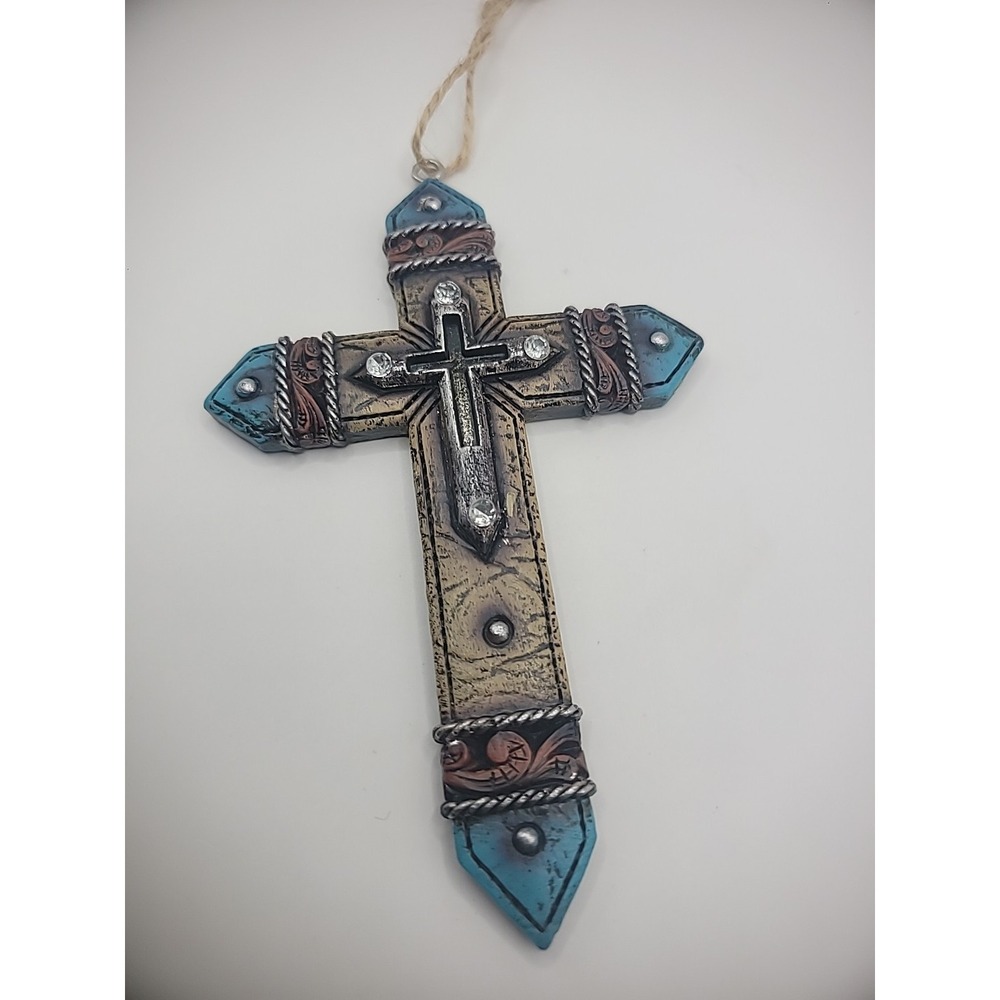 Decorative Cross Silver‎ Tone Turquoise Brown Cracked Studded Ornate Hanging